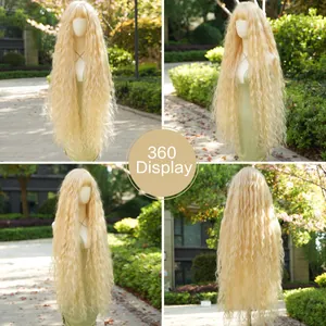 Extra long light blonde curly wig with bangs shown in a 360-degree multi-angle view