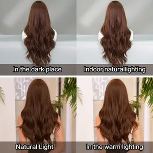 Long wavy dark brown synthetic hair wig color comparison under four lighting conditions