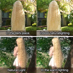 Detail of long platinum blonde wavy wig showing color changes in four different lighting