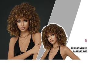 Detail of short bouncy spiral curls wig in honey brown synthetic fiber for black women