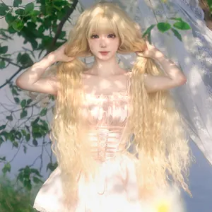 Detail of long light golden wavy wig with bangs and soft fiber texture in natural sunlight