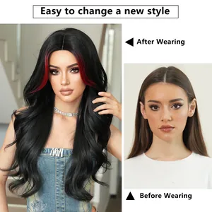 Long wavy black synthetic wig with red highlights and center part before and after look