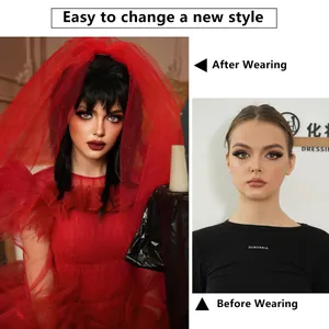 Perruque longue noire et raide avec frange pour cosplay et costume d'Halloween