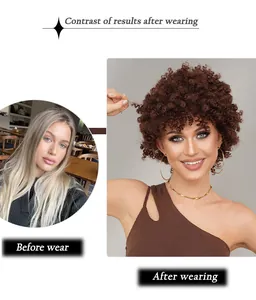 Vorher-Nachher-Vergleich der kurzen braunen Afro-Locken-Perücke mit Pony für Frauen