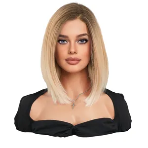 Perruque bob dégradé blond ombre avec racines foncées et coupe droite synthétique