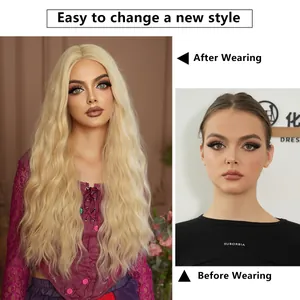 Long wavy light blonde wig with middle part for a natural high-gloss synthetic hair look