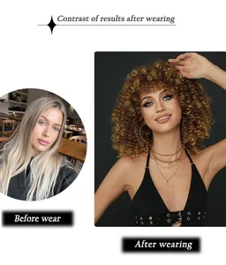 Before and after contrast of short honey blonde kinky curly synthetic wig for women