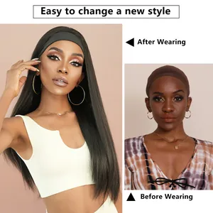 Perruque bandeau noire longue et lisse pour femme avec effet avant et après port