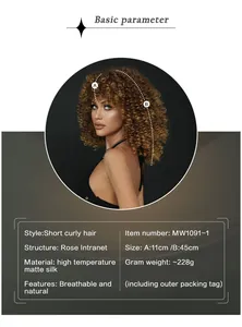 Short curly synthetic wig detail with 45cm hair length and breathable rose net structure