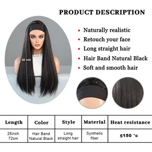 Détail de la texture longue et lisse en fibres synthétiques noires de la perruque bandeau