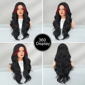 360-degree view of long wavy black synthetic wig with vibrant red highlights and bangs