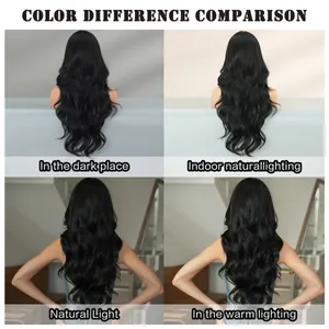 Long wavy black hair wig shown in four different lighting conditions for color comparison