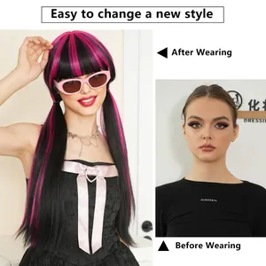 Long straight black and pink pigtail wig with bangs for Halloween cosplay and daily style