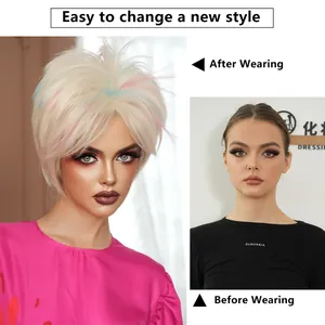 Perruque courte blonde avec mèches roses et bleues pour cosplay d'Halloween et fêtes