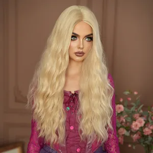 Close-up of high-quality blonde long wavy wig with middle part and natural texture
