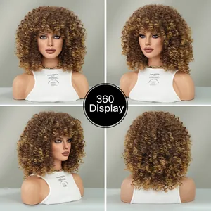 360-degree display of short spring curly synthetic wig in honey blonde with bangs