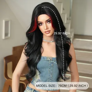 Detail showing the 29.92 inch length of a long wavy black wig with red highlights