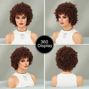 360-Grad-Ansicht der kurzen braunen Afro-Locken-Synthetikperücke für Damen