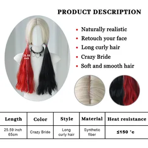 Détails de la perruque cosplay ondulée rouge et noire de 65cm avec résistance à la chaleur