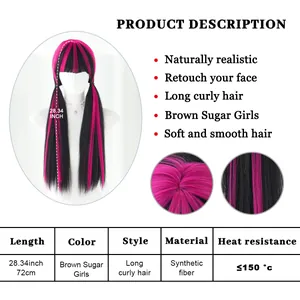Detail of black and pink long wig featuring synthetic heat-resistant fibers and long ponytails