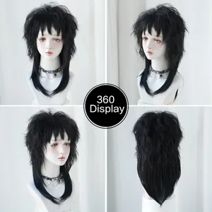 Vue à 360 degrés de la perruque noire coupe loup style mullet pour déguisement cosplay