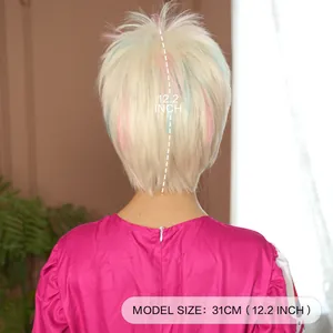 Perruque courte blonde style Barbie avec reflets roses et bleus, longueur 12,2 pouces