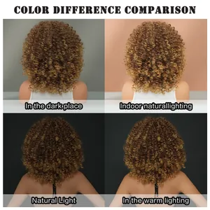 Comparison of honey blonde kinky curly wig color under four different lighting conditions