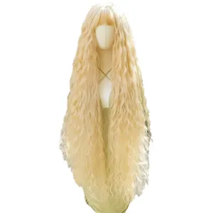 Light blonde long wavy wig with bangs for a natural Lolita style on a white background