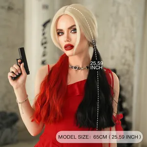 Perruque cosplay Harley Quinn 65 cm avec couettes bicolores rouge et noir pour Halloween