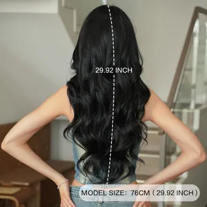 Long 30 inch wavy black synthetic hair wig with natural silk texture and highlights