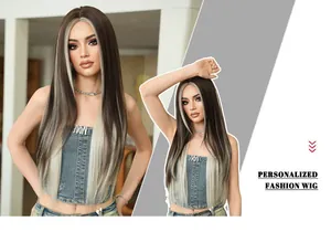 Detail of long brown straight wig with blonde highlights and realistic middle part