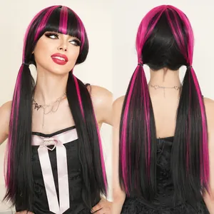 Detailed view of long straight black and pink highlights wig for Cosplay costumes