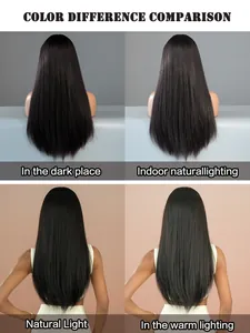Perruque bandeau longue et lisse noire montrée sous quatre éclairages différents