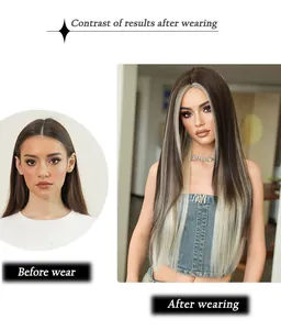 Long straight dark brown wig with blonde highlights showing before and after transformation