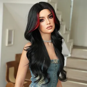 Detail of long wavy black hair wig with red highlights and side bangs for women