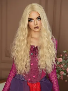 Detail of high-quality long wavy blonde wig featuring natural curls and middle part