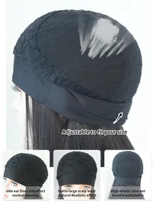 Détail du bonnet de perruque en filet rose respirant avec sangles réglables et maille