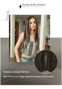 Detail showing natural simulated scalp and parting line on long brown straight wig