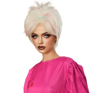 Perruque courte Barbie blonde avec mèches roses et bleues pour soirée cosplay