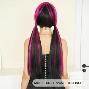 Long straight black and pink pigtails wig for Halloween cosplay 72cm length