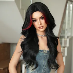 Close-up of long wavy black synthetic wig featuring vibrant red hangdown highlights