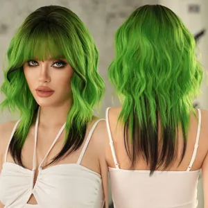 Detail of green and black wolf cut wig showing layered waves and fringe texture