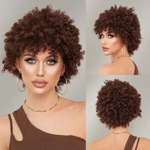 Kurze Afro Kinky Curly Perücke Für Schwarze Frauen Synthetische Hochtemperaturfaser Hitzebeständig Braun Weinrot Party Alltag