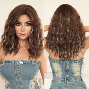Brown mid-length wavy wig with golden highlights shown from front and back views