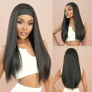Perruque Bandeau Longue et Lisse pour Femmes en Fibre Synthétique Résistante à la Chaleur Aspect Naturel Dégradé Noir Marron pour Fête Quotidienne