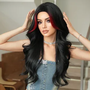 Detailed view of long wavy black hair with vibrant red highlights and side fringe