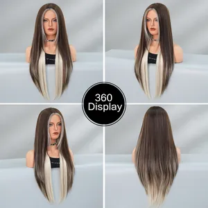 360-degree display of long straight brown hair wig with blonde face-framing highlights