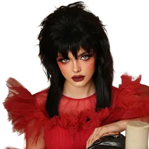 Perruque mullet noire pour femme avec couches moelleuses et frange pour cosplay d'Halloween