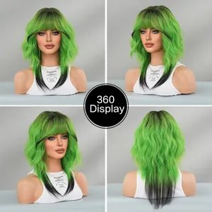 360-degree display of green wavy short bob wig with bangs showing multi-angle details