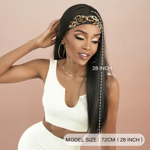 Perruque bandeau noire lisse de 28 pouces avec foulard léopard pour femmes noires